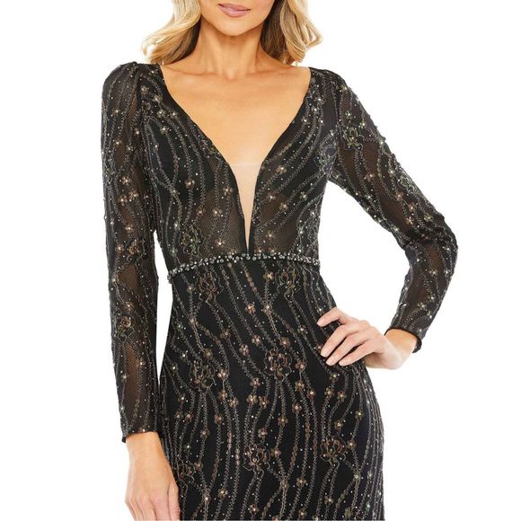 MAC DUGGAL EMBELLISHED LONG SLEEVE PLUNGE TRUMPET GOWN - Picture 3 of 11